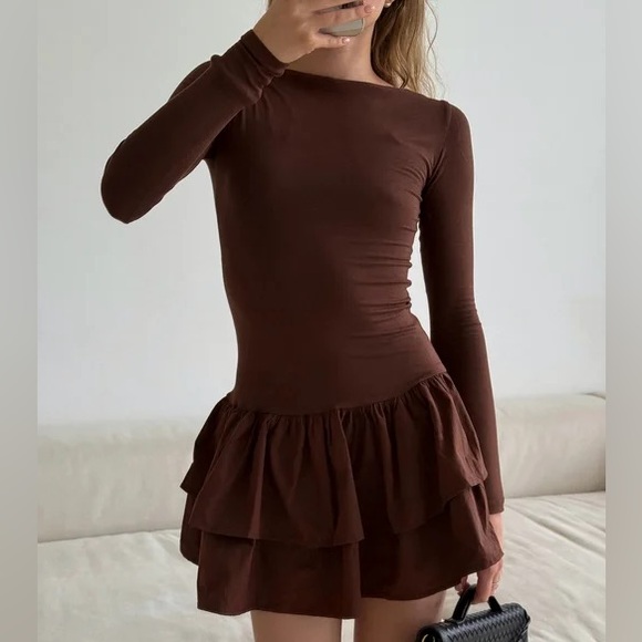Zara Dresses & Skirts - Zara Brown Long Sleeve Ruffle Hem Mini Dress